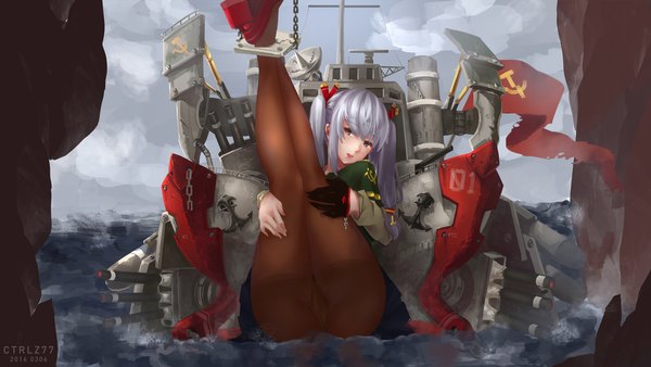 Anime picture 2362x1331 with kantai collection ctrlz77 long hair highres light erotic wide image twintails brown eyes silver hair hammer and sickle girl gloves weapon pantyhose black gloves gun sailor suit flag