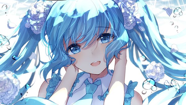 Anime picture 1920x1080 with vocaloid hatsune miku bison cangshu single long hair looking at viewer fringe highres open mouth hair between eyes wide image twintails payot upper body head tilt :d aqua eyes aqua hair floating hair hands on head