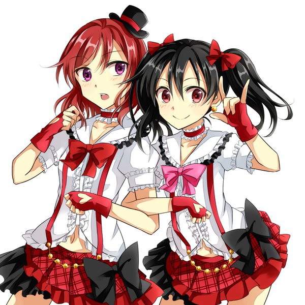 Anime picture 1050x1050 with love live! school idol project sunrise (studio) love live! nishikino maki yazawa nico tm-pika blush short hair open mouth black hair simple background smile red eyes white background purple eyes twintails multiple girls red hair puffy sleeves short twintails