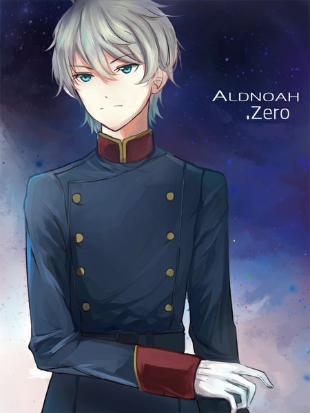 Anime picture 650x867 with aldnoah.zero a-1 pictures slaine troyard qierqier single tall image looking at viewer fringe short hair blue eyes standing sky grey hair night night sky copyright name gradient background boy gloves uniform