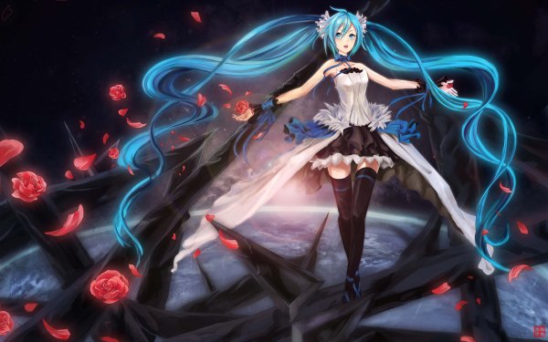 Anime picture 1200x750 with vocaloid hatsune miku luhan wanyan cat single open mouth blue eyes wide image twintails blue hair very long hair zettai ryouiki space girl thighhighs dress flower (flowers) black thighhighs petals frills rose (roses)