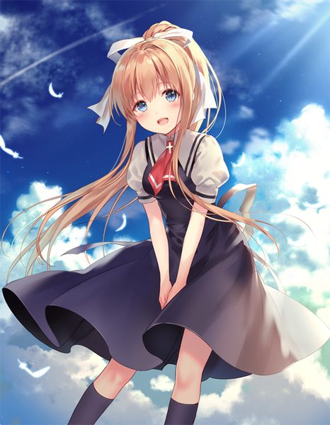 Anime picture 622x800 with air key (studio) kamio misuzu fukahire (ruinon) single long hair tall image looking at viewer blush fringe open mouth blue eyes blonde hair smile sky cloud (clouds) outdoors ponytail head tilt wind