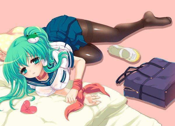 Anime picture 1000x719 with touhou kochiya sanae hanao (kuma-tan flash!) single long hair looking at viewer blush green eyes green hair shoes removed girl skirt uniform hair ornament pantyhose serafuku shoes collar school bag hair tubes