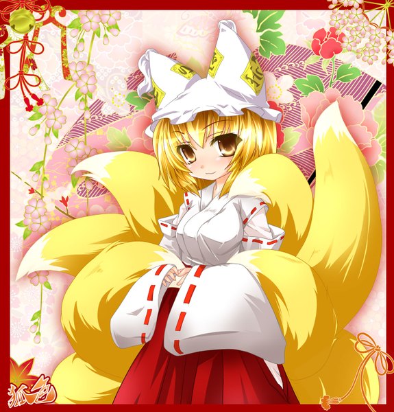 Anime picture 1392x1454 with touhou yakumo ran kazami karasu single tall image short hair blonde hair yellow eyes fox ears fox tail fox girl miko girl flower (flowers) detached sleeves
