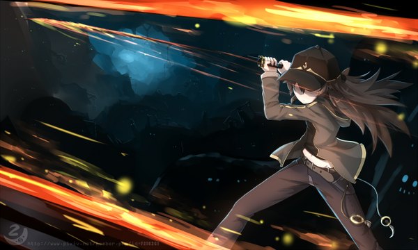 Anime picture 1400x840 with original qian ye (qys3) qys3 single long hair brown hair wide image watermark no face girl weapon sword jacket belt katana pants flat cap flame cemetery