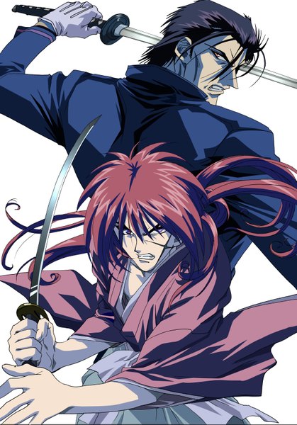 Anime picture 2193x3143 with rurouni kenshin himura kenshin saitou hajime (rurouni kenshin) taku (pixiv) long hair tall image highres short hair purple eyes purple hair red hair traditional clothes looking back from behind grin scar back to back boy gloves weapon
