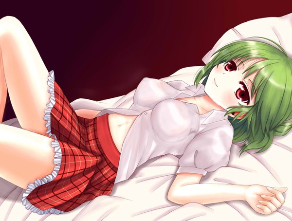 Anime picture 1850x1400 with touhou kazami yuuka wendell single looking at viewer highres short hair breasts light erotic smile red eyes lying green hair girl skirt shirt red skirt