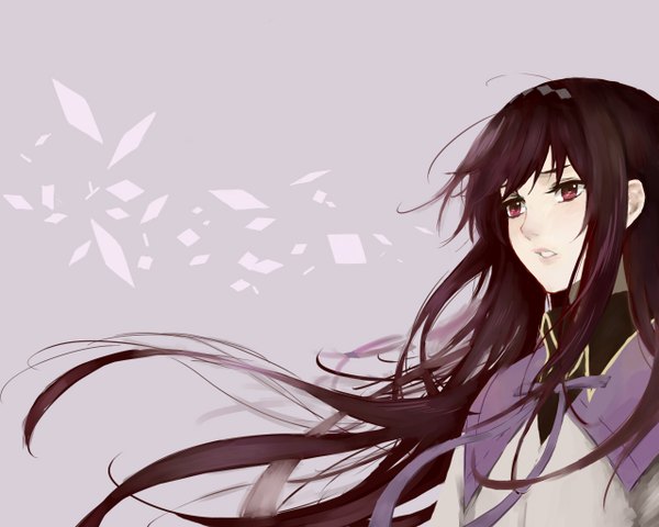 Anime picture 1280x1024 with mahou shoujo madoka magica shaft (studio) akemi homura jao (artofjao) single long hair blush open mouth black hair simple background purple eyes looking away lips girl