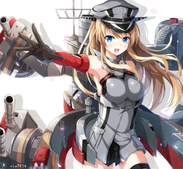 Anime picture 1144x1056 with kantai collection bismarck battleship rin yuu single long hair looking at viewer blush breasts open mouth blue eyes blonde hair white background bare shoulders girl gloves weapon elbow gloves peaked cap