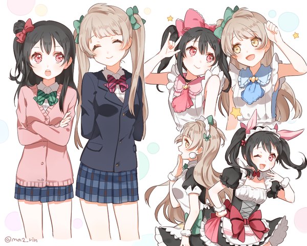 Anime picture 1000x800 with love live! school idol project sunrise (studio) love live! yazawa nico minami kotori marin (myuy 3) long hair blush open mouth black hair smile red eyes brown hair twintails multiple girls brown eyes eyes closed pleated skirt one eye closed wink