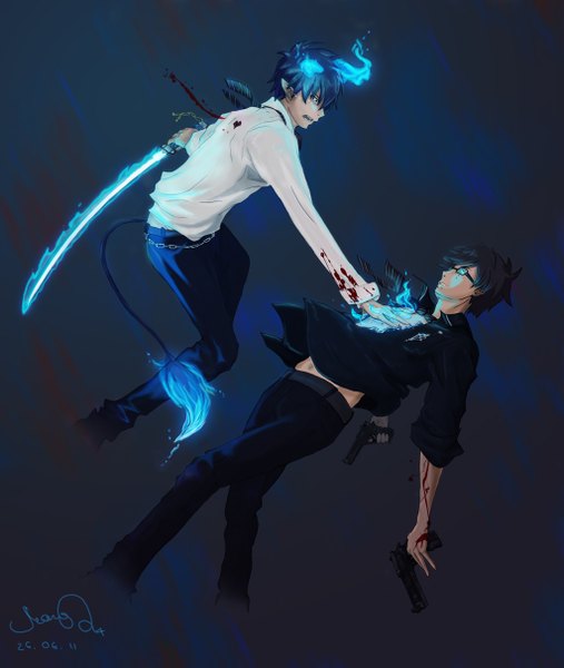 Anime picture 1024x1211 with ao no exorcist a-1 pictures okumura rin okumura yukio vlastika tall image short hair open mouth black hair simple background signed tail pointy ears multiple boys tears glowing siblings brothers boy weapon