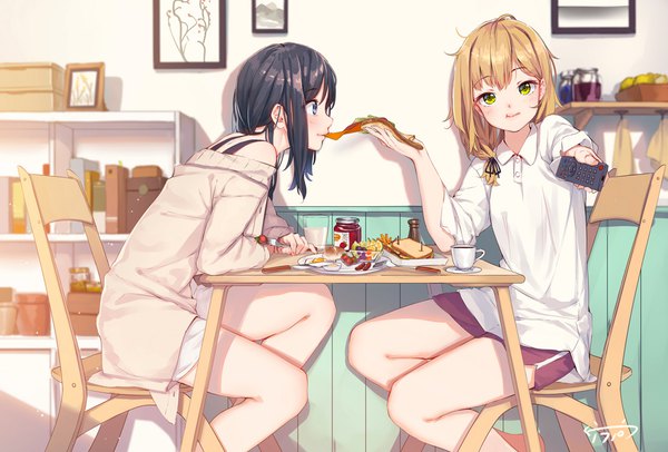 Anime picture 1100x746 with krt girls xiao qiong (krt girls) emilia (krt girls) fangxiang cuoluan long hair looking at viewer blush fringe blue eyes black hair blonde hair sitting multiple girls holding green eyes signed payot looking away bent knee (knees) indoors