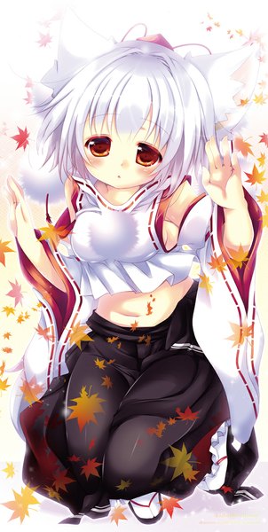 Anime picture 600x1191 with touhou inubashiri momiji hikanyan single tall image looking at viewer blush short hair red eyes animal ears white hair girl hat detached sleeves leaf (leaves)