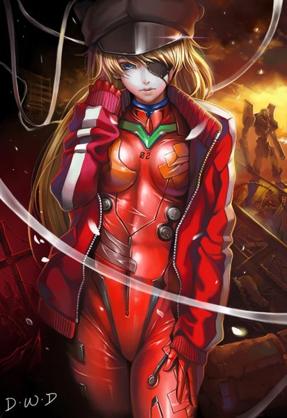 Anime picture 1300x1890 with neon genesis evangelion rebuild of evangelion evangelion: 2.0 you can (not) advance gainax soryu asuka langley shikinami asuka langley eva 02 dantewontdie single long hair tall image looking at viewer blue eyes blonde hair open clothes open jacket destruction girl bodysuit eyepatch