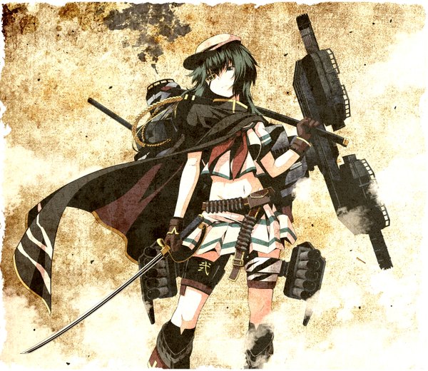 Anime picture 1500x1302 with kantai collection kiso light cruiser tsukumo single long hair green eyes looking away pleated skirt green hair bare belly girl skirt navel weapon miniskirt sword boots belt katana gun