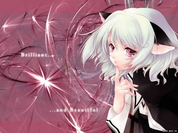 Anime picture 1024x768 with original mogami rio single looking at viewer fringe short hair hair between eyes purple eyes upper body white hair cat girl text watermark finger to mouth english girl