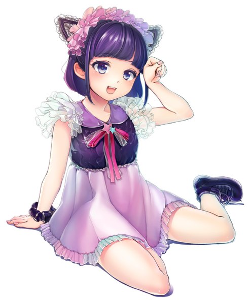 Anime picture 1150x1400 with original megumoke single tall image short hair open mouth blue eyes simple background white background animal ears purple hair girl dress boots frills bonnet