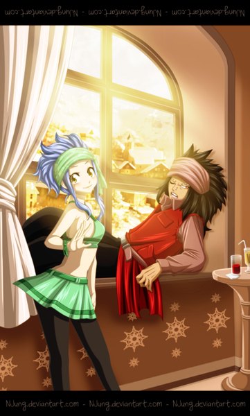 Anime picture 900x1494 with fairy tail gajeel redfox levy mcgarden natilokijung long hair tall image blush open mouth black hair smile red eyes yellow eyes blue hair one eye closed wink sunlight piercing coloring girl boy