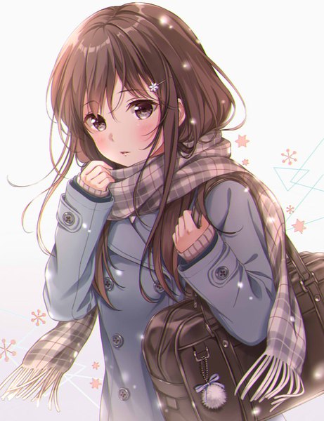 Anime picture 898x1168 with original higeneko single long hair tall image looking at viewer blush fringe simple background hair between eyes brown hair standing brown eyes payot upper body parted lips gradient background sleeves past wrists snowing winter