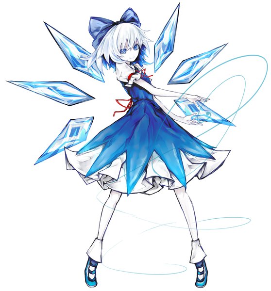 Anime picture 3802x4091 with touhou cirno yutapon single tall image looking at viewer fringe highres short hair blue eyes simple background smile hair between eyes standing white background payot absurdres full body white hair short sleeves