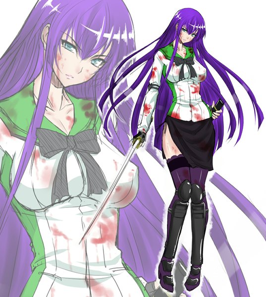 Anime picture 1000x1117 with highschool of the dead madhouse busujima saeko zucchini single long hair tall image looking at viewer breasts blue eyes large breasts standing white background purple hair head tilt zoom layer bloody clothes girl thighhighs skirt