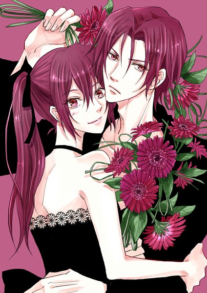 Anime picture 744x1052 with free! kyoto animation matsuoka rin matsuoka gou kaoru long hair tall image looking at viewer short hair simple background smile red eyes pink hair ponytail from behind open clothes open shirt couple hug back