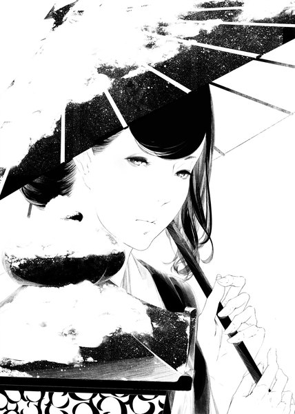 Anime picture 1200x1680 with original sousou (sousouworks) single long hair tall image looking at viewer fringe black hair simple background white background monochrome snow silver eyes girl umbrella lantern oriental umbrella