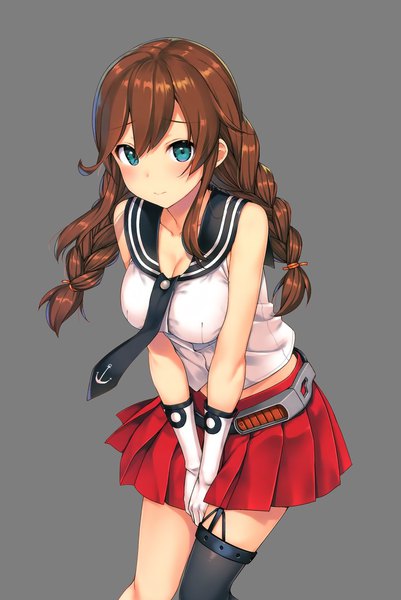 イラスト 1418x2120 と 艦隊これくしょん 能代(艦これ) たかやKi ソロ 長髪 長身像 カメラ目線 赤面 前髪 おっぱい simple background hair between eyes 茶色の髪 肩出し payot cleavage 三つ編み aqua eyes grey background leaning