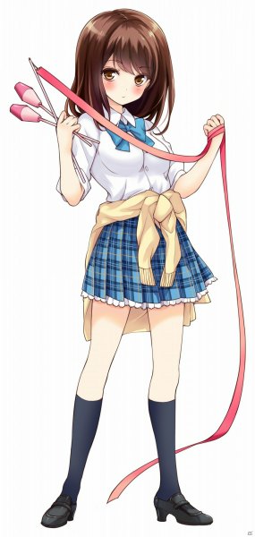 Anime picture 570x1200 with girlfriend (kari) shiina kokomi qp:flapper single long hair tall image looking at viewer blush fringe simple background brown hair standing white background brown eyes official art girl skirt uniform ribbon (ribbons) school uniform