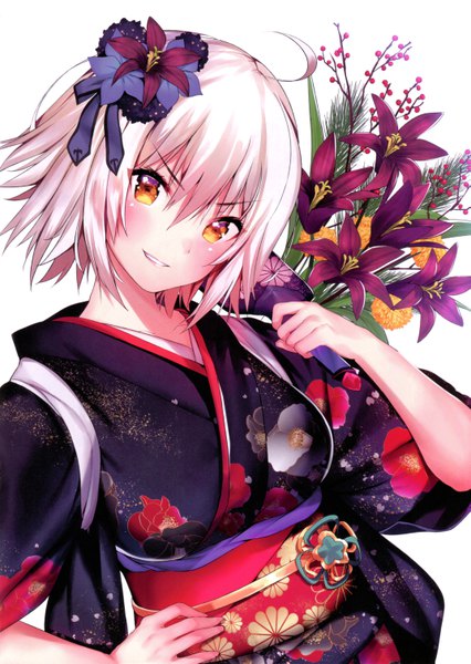 Anime picture 4282x6035 with fate (series) jeanne d'arc (fate) (all) jeanne d'arc alter (fate) matarou (genkai toppa) single tall image looking at viewer blush highres short hair simple background smile white background holding brown eyes absurdres silver hair ahoge traditional clothes japanese clothes