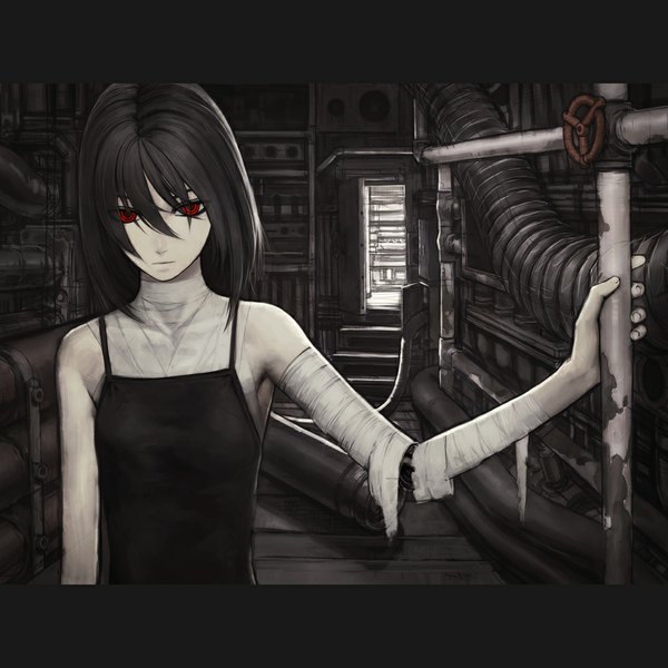 Anime picture 1000x1000 with original iwai ryo single looking at viewer fringe short hair black hair hair between eyes red eyes bare shoulders upper body mechanical parts girl bandage (bandages)