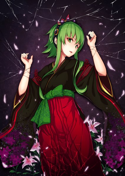 Anime picture 1414x2000 with vocaloid gumi kamome yuu single tall image looking at viewer short hair green eyes green hair girl dress flower (flowers) petals spider web