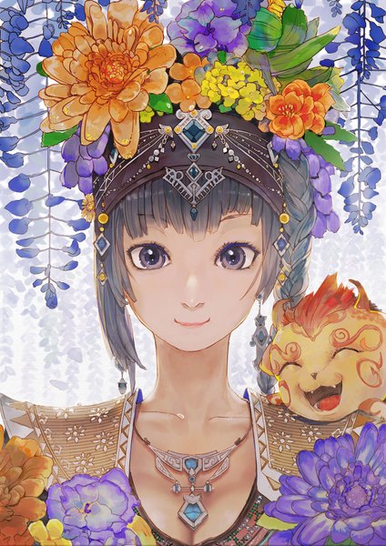 Anime picture 1200x1697 with original el-zheng single long hair tall image looking at viewer fringe smile cleavage hair flower lips side braid girl hair ornament flower (flowers) earrings animal headband necklace wisteria