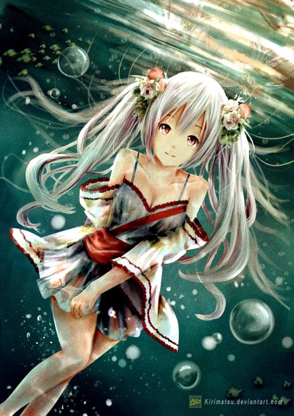 Anime picture 1800x2545 with original kirimatsu single long hair tall image looking at viewer fringe highres breasts smile hair between eyes red eyes twintails bare shoulders signed cleavage bent knee (knees) white hair hair flower wide sleeves