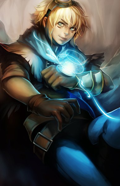 Anime picture 1000x1545 with league of legends ezreal (league of legends) ippus single tall image short hair blue eyes blonde hair looking away realistic magic boy gloves goggles
