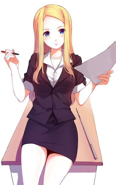Anime picture 900x1432 with original emma (caidychen) caidychen single long hair tall image blush blue eyes blonde hair simple background white background sitting jpeg artifacts girl skirt miniskirt shirt paper desk pen
