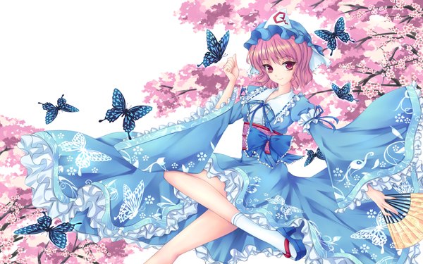 Anime picture 1920x1200 with touhou saigyouji yuyuko fred0092 single looking at viewer highres short hair red eyes wide image pink hair cherry blossoms girl dress socks insect butterfly white socks bonnet