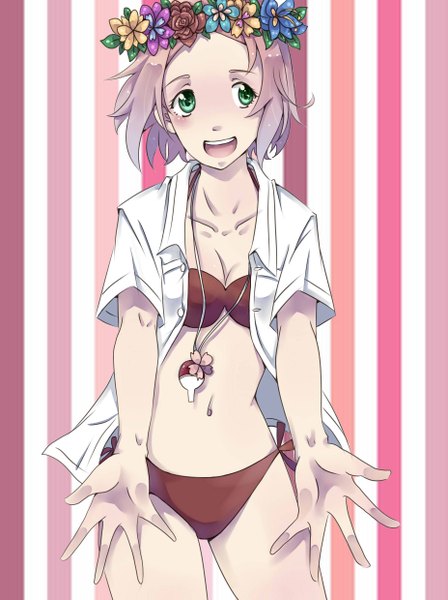 Anime picture 1853x2480 with naruto studio pierrot naruto (series) haruno sakura uri (pixiv 3756882) single tall image highres short hair open mouth light erotic standing green eyes looking away pink hair teeth bare belly short sleeves open shirt outstretched arm