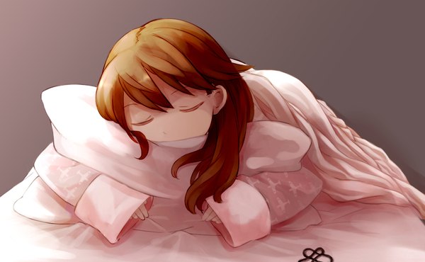 Anime picture 800x494 with kantai collection ryuujou light aircraft carrier comah single long hair fringe simple background hair between eyes brown hair wide image lying eyes closed grey background sleeves past wrists on stomach sleeping pillow hug hair down girl pillow