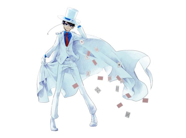 Anime picture 1378x1024 with detective conan magic kaito kaito kid matomdayo single short hair black hair simple background smile white background boy gloves hat necktie pants cloak suit card (cards) top hat monocle