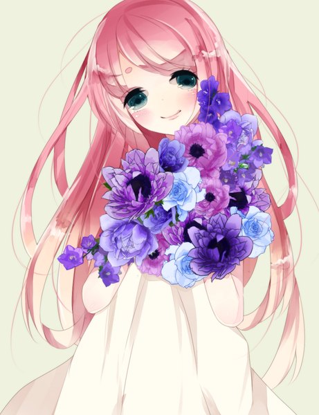 Anime picture 1000x1300 with original motsuni (lxxe1120) single long hair tall image looking at viewer blush simple background smile pink hair aqua eyes grey background girl dress flower (flowers) white dress bouquet anemone (flower)