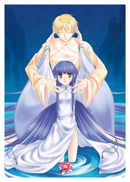 Anime picture 715x1000 with asakura sakura tall image blush fringe short hair blue eyes blonde hair standing blue hair eyes closed very long hair wide sleeves arms up girl dress boy flower (flowers) water