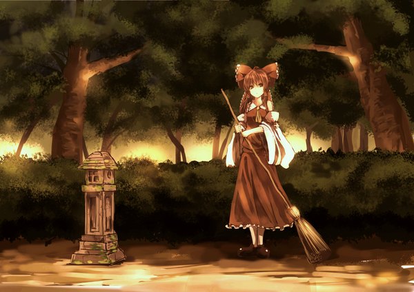 Anime picture 2046x1447 with touhou hakurei reimu buruxugi single long hair looking at viewer highres brown hair standing twintails brown eyes traditional clothes short twintails miko girl bow plant (plants) hair bow detached sleeves tree (trees)