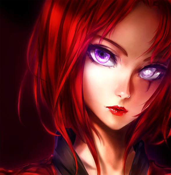 Anime picture 1406x1437 with gates of sirona irene (gates of sirona) yuuike single tall image looking at viewer short hair simple background purple eyes red hair head tilt lipstick glowing glowing eye (eyes) red lipstick girl