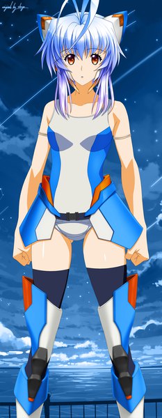 Anime picture 1168x3000 with original shugo19 single long hair tall image looking at viewer fringe open mouth light erotic standing signed payot silver hair ahoge night orange eyes sleeveless shooting star mecha musume girl
