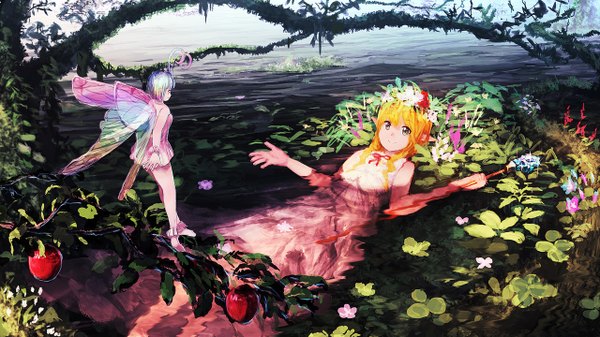 Anime picture 1280x720 with fantasy earth zero jean popo short hair blonde hair wide image bare shoulders multiple girls multicolored hair pointy ears fairy ophelia's pose girl dress flower (flowers) 2 girls wings water food white dress fruit
