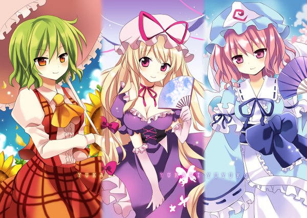 Anime picture 1299x921 with touhou yakumo yukari saigyouji yuyuko kazami yuuka mayo (miyusa) long hair looking at viewer blush short hair blonde hair multiple girls pink hair pink eyes green hair orange eyes multiview column lineup girl dress gloves