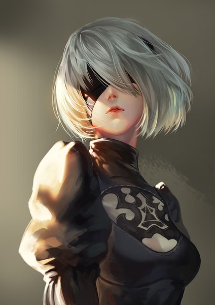 Anime picture 700x991 with nier nier:automata yorha no. 2 type b gatorix single tall image breasts simple background silver hair upper body parted lips lips realistic grey background mole puffy sleeves lipstick portrait shaded face mole under mouth