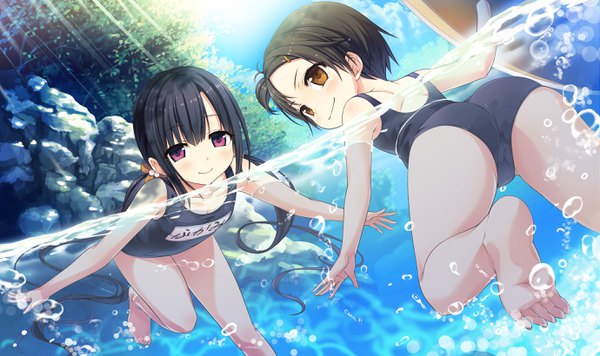 Anime picture 2760x1640 with maitetsu hayase fukami minokasa nagi cura long hair looking at viewer blush fringe highres short hair light erotic black hair smile wide image purple eyes twintails bare shoulders multiple girls brown eyes bent knee (knees)