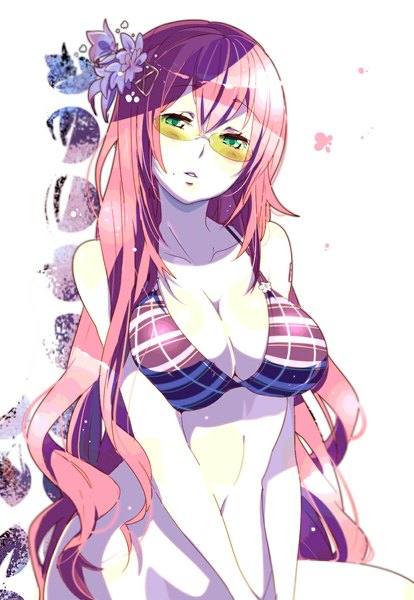 Anime picture 825x1196 with vocaloid megurine luka 84k (artist) single long hair tall image fringe breasts light erotic large breasts green eyes pink hair hair flower alternate costume wavy hair girl navel hair ornament flower (flowers) glasses